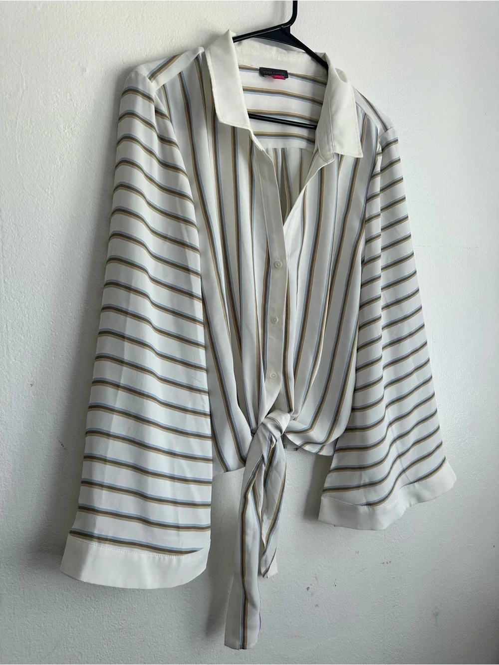 Striped Tie-Front Blouse in Ivory and Taupe - Picture 1 of 5